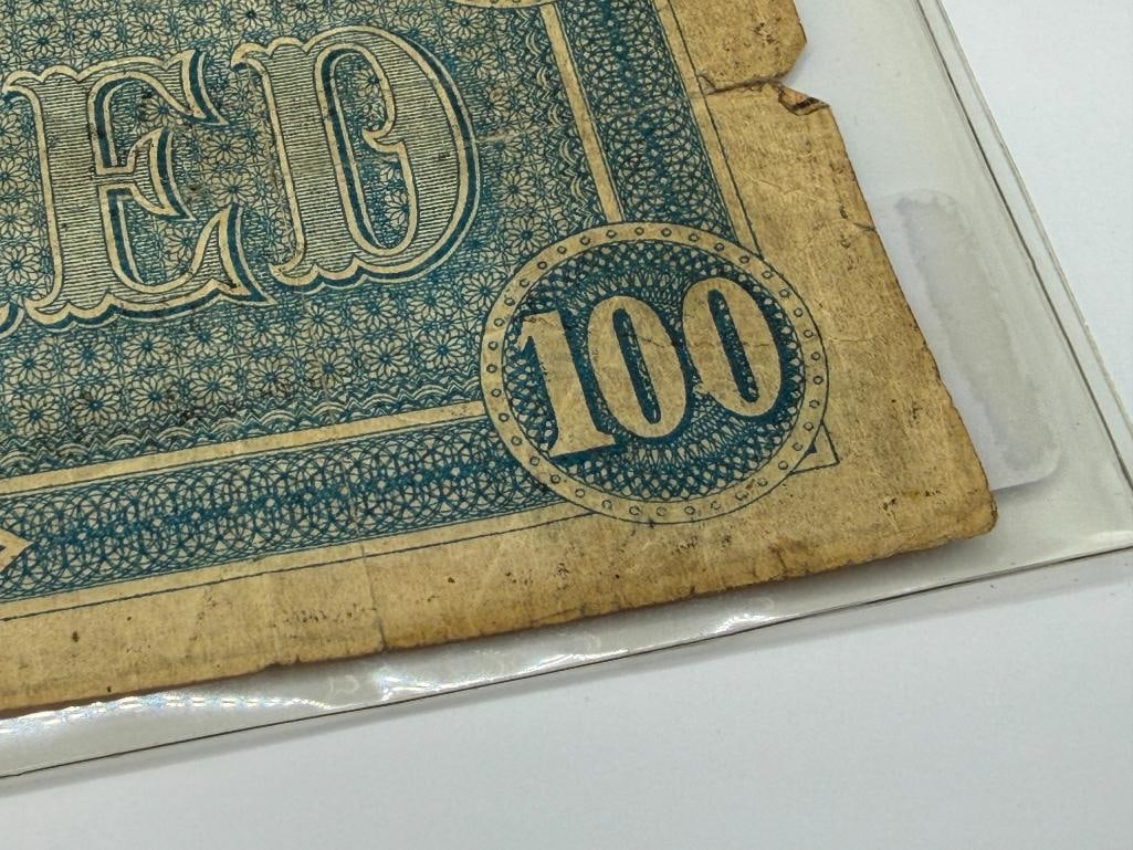 ANTIQUE CIVIL WAR ERA FEB. 17TH, 1864 CONFEDERATE $100 CURRENCY NOTE - 8