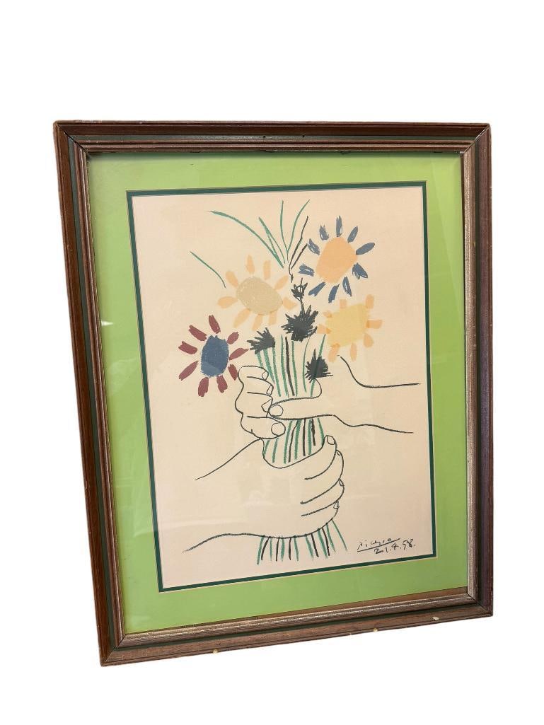 PABLO PICASSO RENOWNED ARTIST REPRODUCTION PRINT BOUQUET OF PEACE ORIGINALLY CREATED IN 1958: ART DEPICTS STYLIZED HANDS HOLDING BOUQUET OF FLOWERS , PLATE SIGNED LOWER RIGHT 24 1/2" X 30 1/2" FRAME