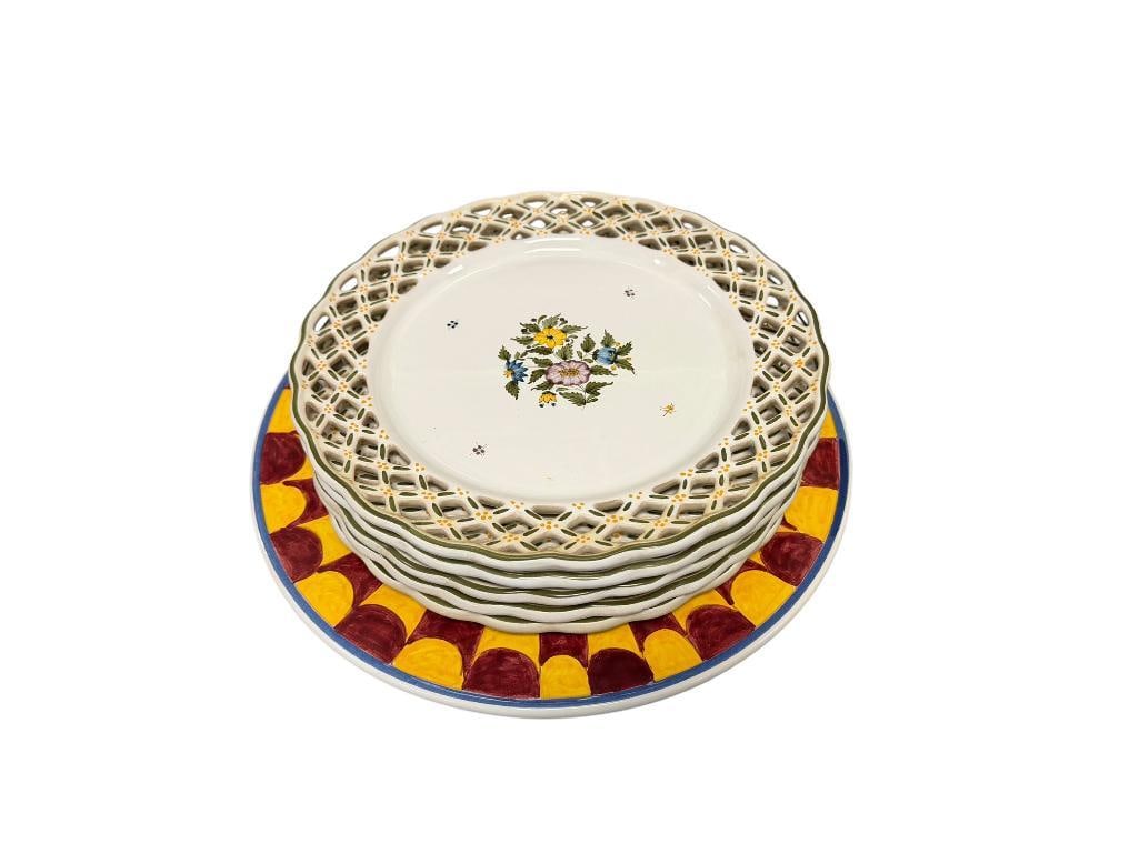 FERET A MOUSTIERES FRENCH POTTERY HAND PAINTED FLORAL PLATES WITH LACE RIM: SET OF FIVE PLATES WITH BOTANICAL DESIGN, PLUS CHIOCCIOLA HAND PAINTED PLATE, MADE IN ITALY 10 1/2" AND 13" ROUND