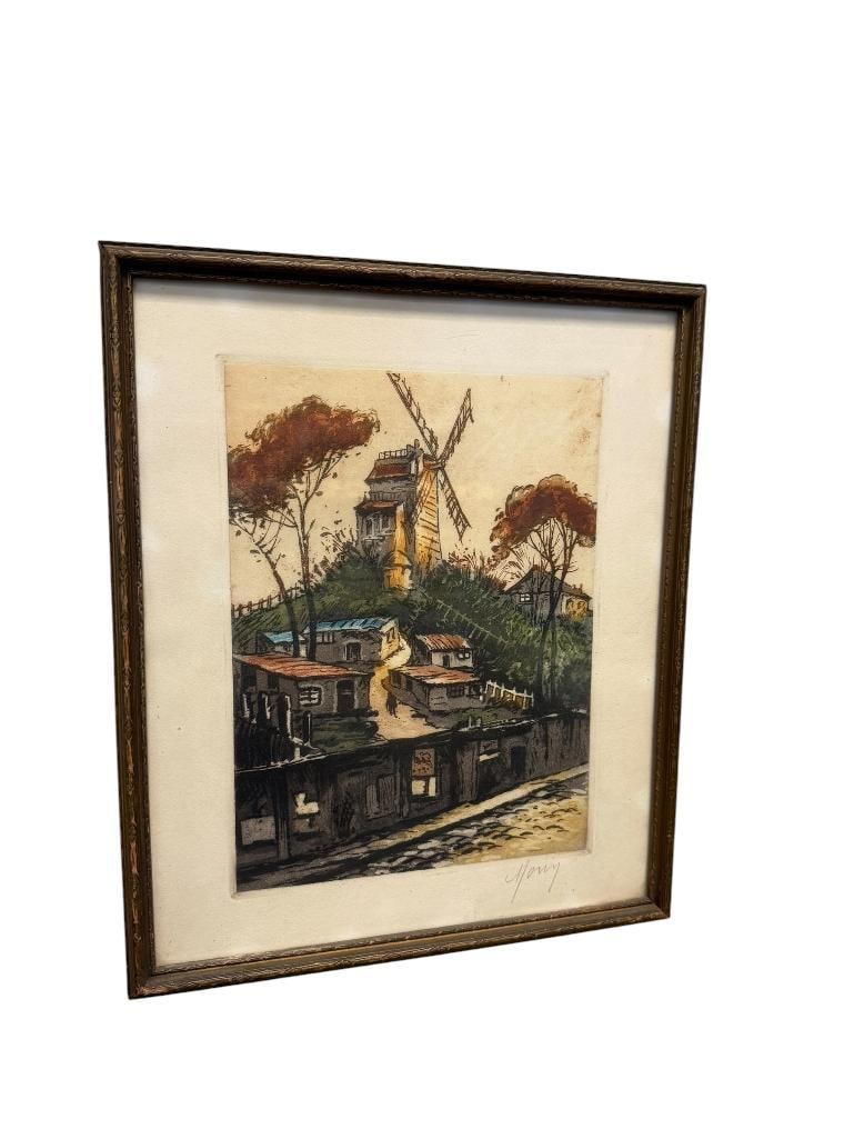 VINTAGE FRENCH HAND COLORED ETCHING OF WINDMILLS IN MONTMARTE CIRCA 1950'S SIGNED (1 of 10)