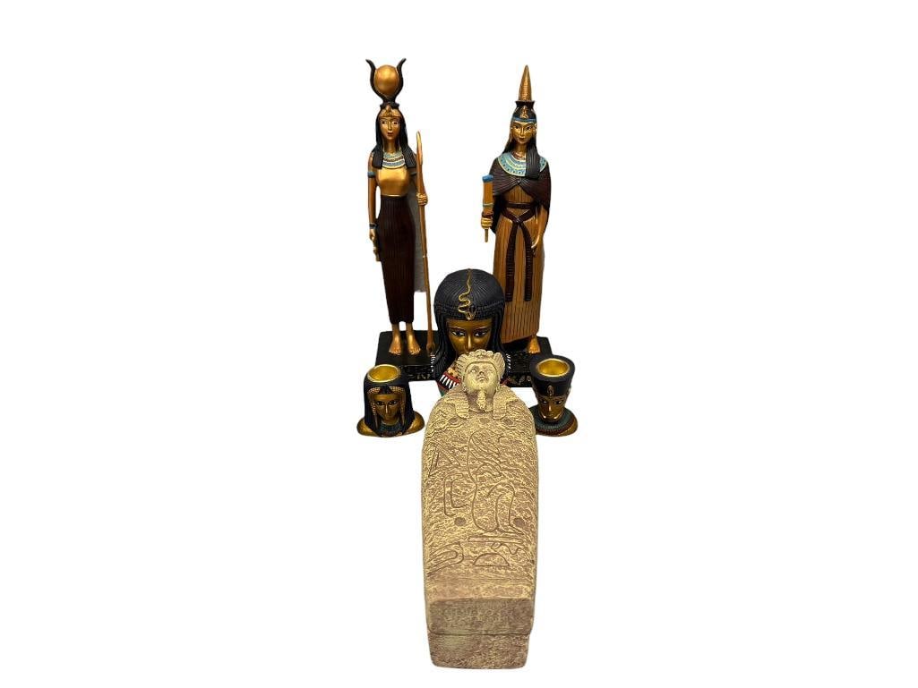 DECORATIVE EGYPTIAN FIGURINES, CANDELSTICK HOLDERS, MINIATURE BUST, AND STORAGE CONTAINER (1 of 18)