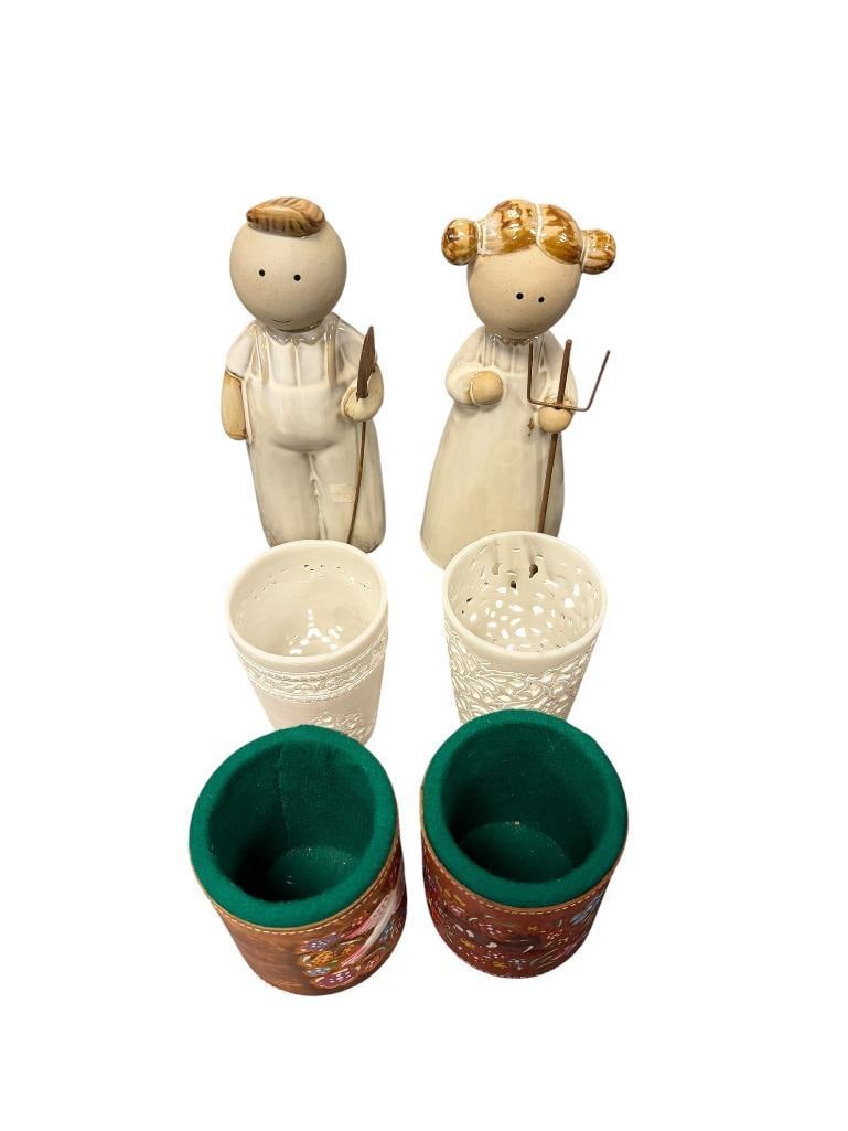 WHISICAL CERAMIC FARMER AND WFIRE FIGURES, SAIGON RIVER PIERCED CUPS AND LEATHER DICE CUPS (1 of 19)