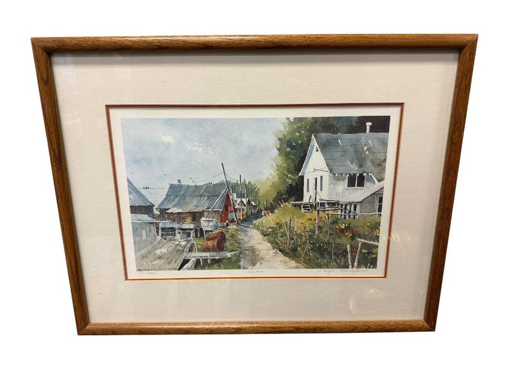 NANCY TAYLOR STONINGTON AMERICAN ARTIST PENCIL SIGNED PRINT TITLED TENAKEE NO. 522/650: DEPICTS HARBOR SCENE WITH FISH SHACKS, SIGNED LOWER RIGHT, FRAMED 22" X 17" FRAME