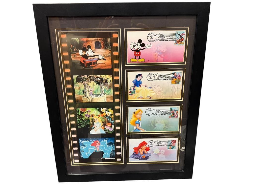 USPS LIMITED EDITION FILM STRIP FIRST DAY COVERS 2005 THE ART OF DISNEY: FEATURES ARIEL, CINDERELLA, SNOW WHITE AND MICKEY, NO. 1362/2005, FRAMED 18" X 22" FRAME