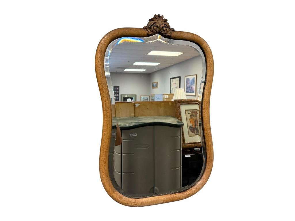 ANTIQUE WALNUT FRAMED BEVELED MIRROR WITH APPLIED CARVED CROWN (1 of 6)