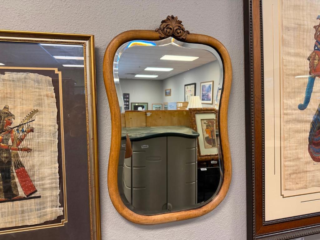 ANTIQUE WALNUT FRAMED BEVELED MIRROR WITH APPLIED CARVED CROWN - 2