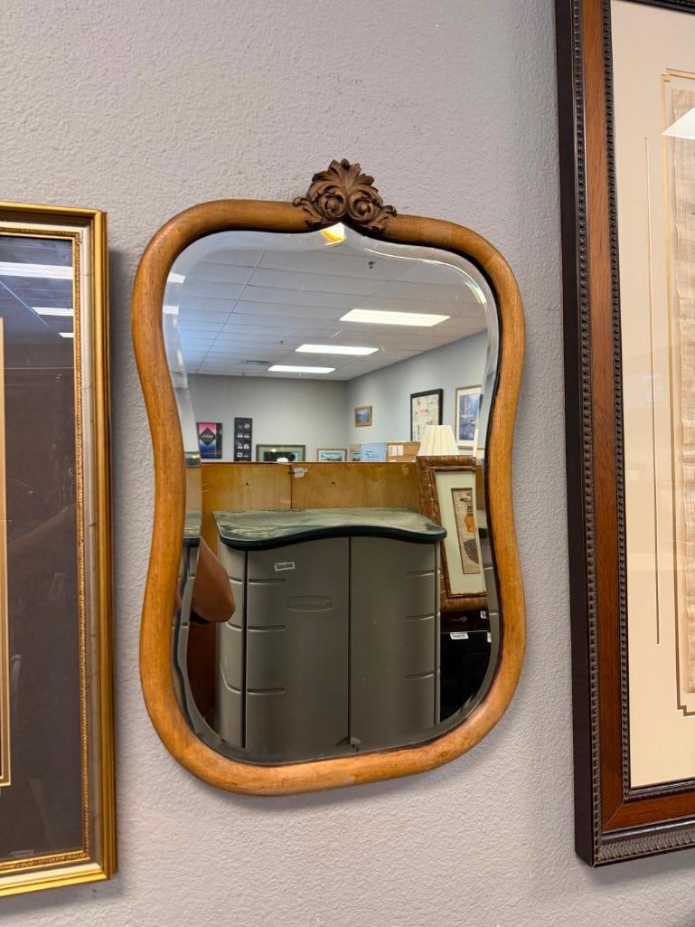 ANTIQUE WALNUT FRAMED BEVELED MIRROR WITH APPLIED CARVED CROWN - 3