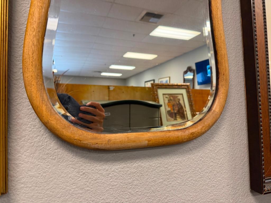 ANTIQUE WALNUT FRAMED BEVELED MIRROR WITH APPLIED CARVED CROWN - 5