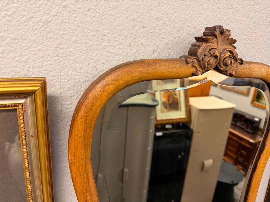 ANTIQUE WALNUT FRAMED BEVELED MIRROR WITH APPLIED CARVED CROWN - 6