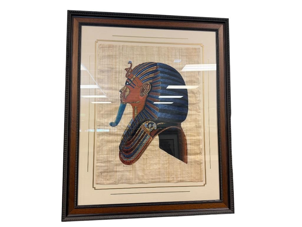 LARGE EGYPTIAN ORIGINAL PAINTING ON PAPYRUS PAPER OF KING TUTANKHAMUN'S SIDE VIEW MASK SIGNED: SIGNED LOWER LEFT, FRAMED 37 1/2" X 45 1/2" FRAME