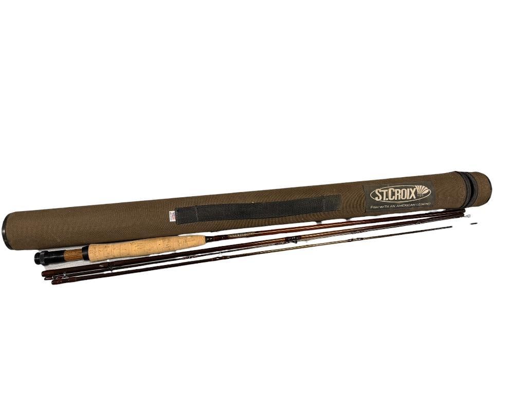 ST. CROIX 4-PIECE GRAPHITE FLY FISHING ROD MODEL IFT905 9' LONG 5WT WITH CORK HANDLE: INCLUDES ST. CROIX ROD TUBE, MADE IN THE U.S.A., LIKE-NEW CONDITION