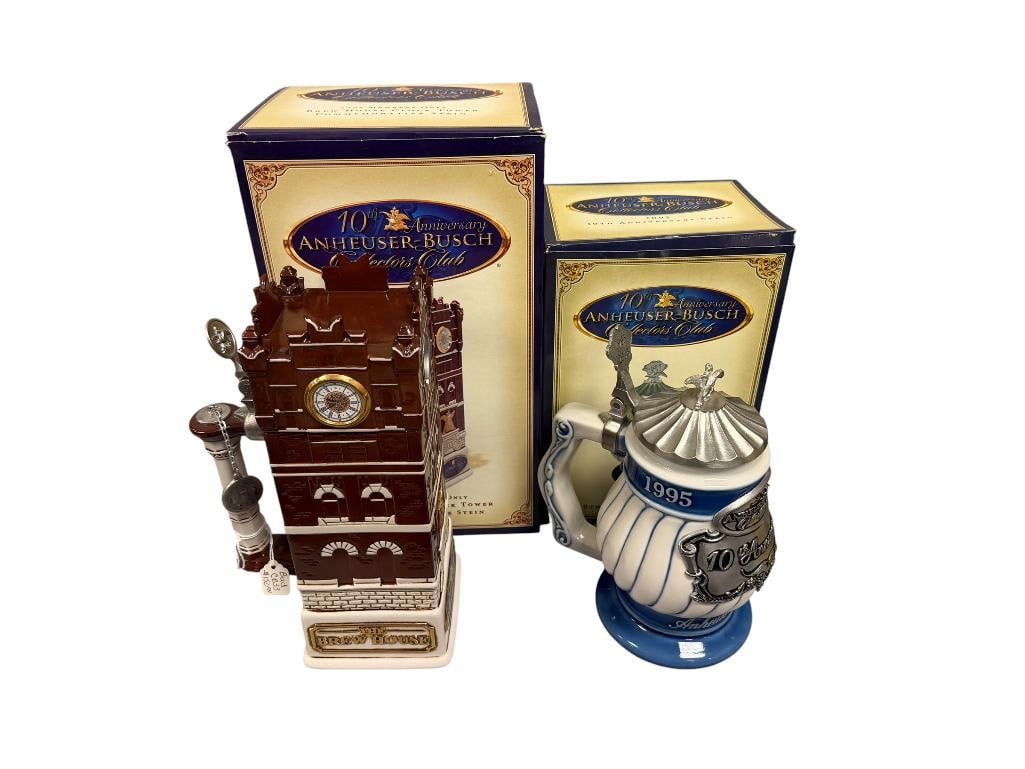 ANHEUSER-BUSCH / BUDWEISER 10TH ANNIVERSARY COLLECTORS CLUB MEMBERS ONLY STEINS: 2005 10TH ANNIVERSARY AND BREW HOUSE CLOCK TOWER COMMEMORATIVE STEIN, RELIEF DESIGNS WITH PEWTER FLIP LIDS, IN MINT CONDITION WITH ORIGINAL BOXES 8 3/4" AND 10 1/2" H