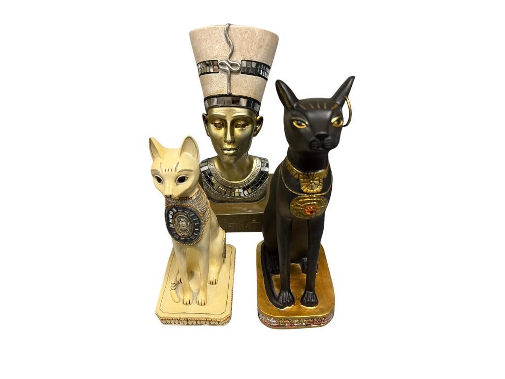 DECORATIVE EGYPTIAN STATUES GODDESS OF PROTECTION, BASTET CAT, AND QUEEN NEFERTITI BUST: EACH PIECE FEATURES MOSAIC MIRRORED ACCENTS 9 1/2", 11 1/2", AND 11 3/4" H