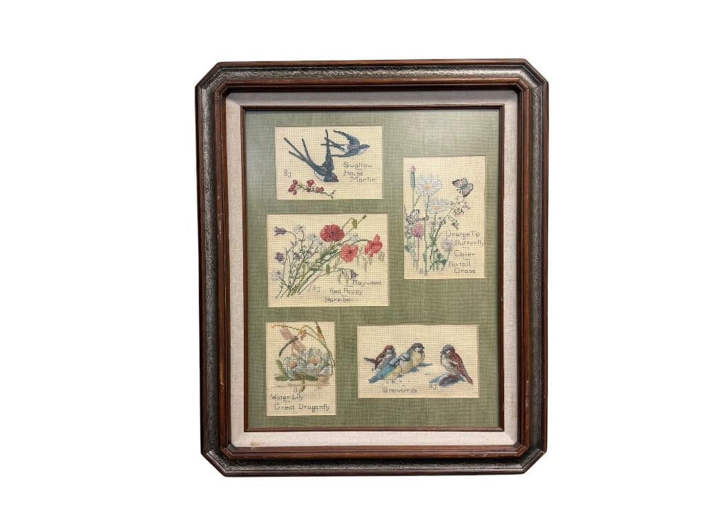 BONNIE J. BULLIS CARSON CITY, NV ARTIST HAND STITCHED CROSS STITCH BIRD AND FLORAL PANEL: BONNIE J. BULLIS (1937-2026) WAS BORN IN ARKANSAS, RESIDED IN CARSON CITY WITH HER HUSBAND AND FOUR KIDS, KNOWN FOR NEEDLEPOINTS AND PAINTINGS, TEXTILE SHOWS BIRDS AND FLOWERS WITH NAMES,SIGNED LOWER 