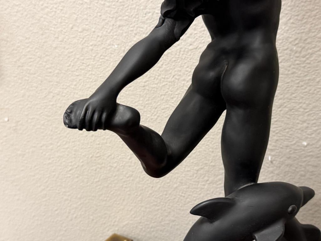 ART DECO STYLED SATIN FINISHED FIGURAL TABLE LAMP WITH DOLPHINS AND NUDE WOMAN HOLDING LIGHT - 10