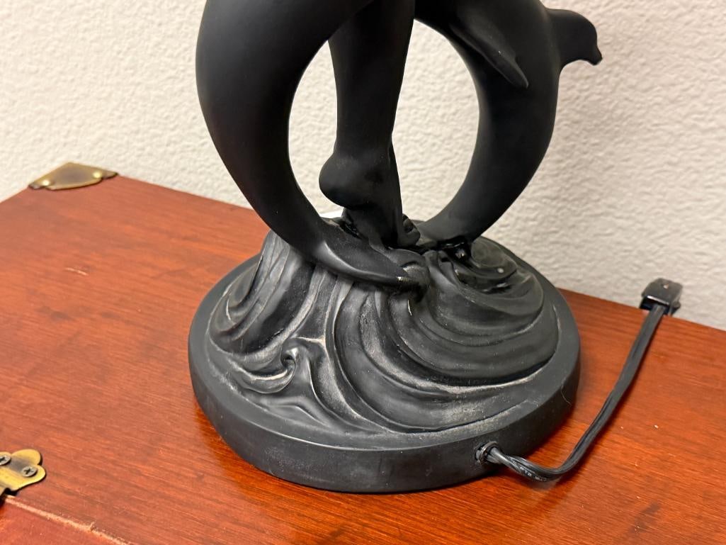ART DECO STYLED SATIN FINISHED FIGURAL TABLE LAMP WITH DOLPHINS AND NUDE WOMAN HOLDING LIGHT - 11