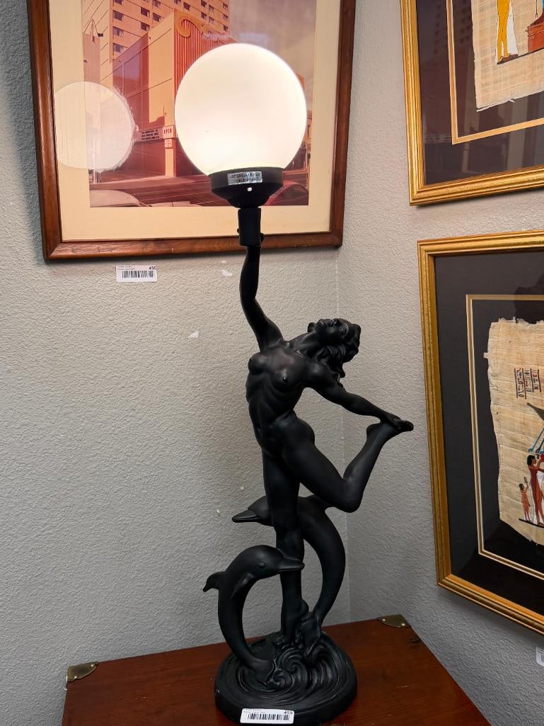ART DECO STYLED SATIN FINISHED FIGURAL TABLE LAMP WITH DOLPHINS AND NUDE WOMAN HOLDING LIGHT - 12