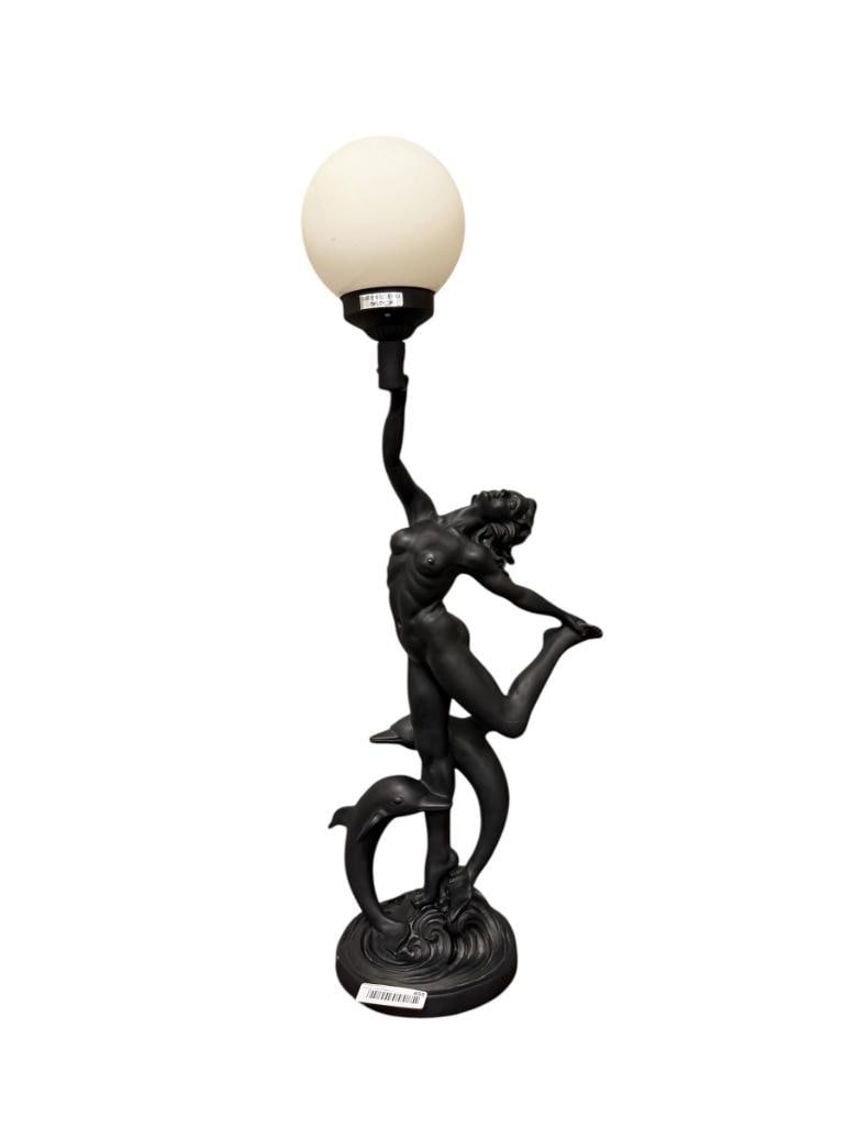 ART DECO STYLED SATIN FINISHED FIGURAL TABLE LAMP WITH DOLPHINS AND NUDE WOMAN HOLDING LIGHT: ROUND WAVE BASE, WITH ROUND FROSTED GLASS SHADE, TESTED + 32 1/2" H