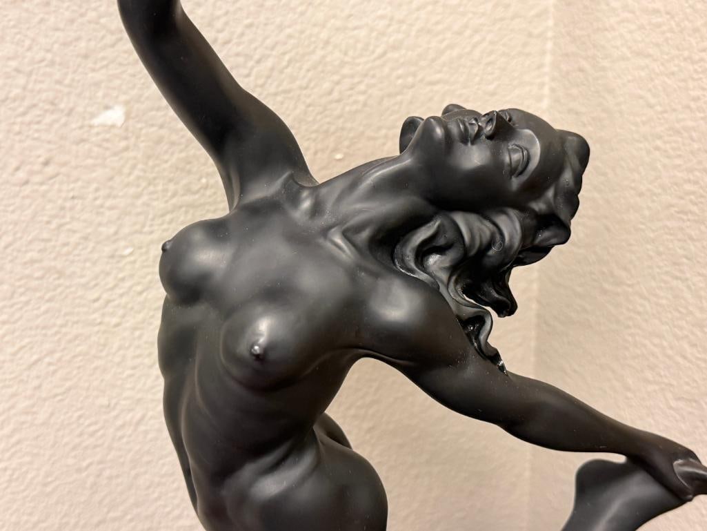 ART DECO STYLED SATIN FINISHED FIGURAL TABLE LAMP WITH DOLPHINS AND NUDE WOMAN HOLDING LIGHT - 2