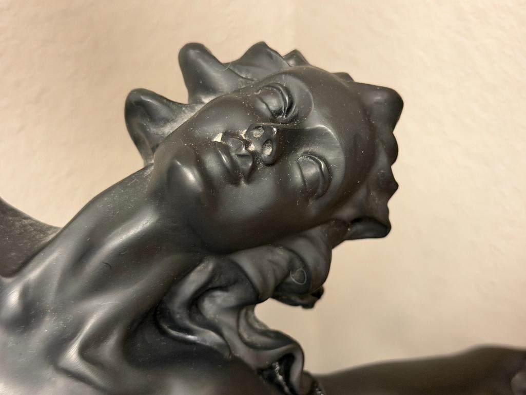 ART DECO STYLED SATIN FINISHED FIGURAL TABLE LAMP WITH DOLPHINS AND NUDE WOMAN HOLDING LIGHT - 3