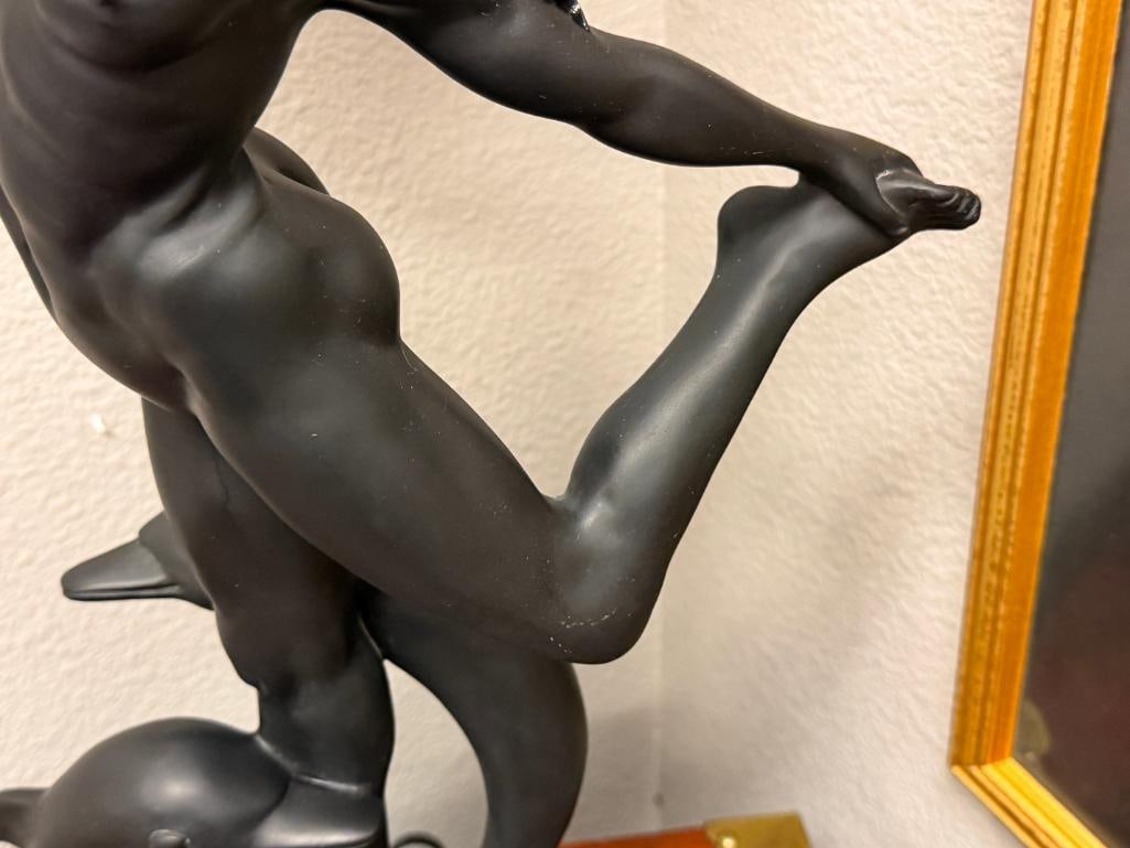 ART DECO STYLED SATIN FINISHED FIGURAL TABLE LAMP WITH DOLPHINS AND NUDE WOMAN HOLDING LIGHT - 4
