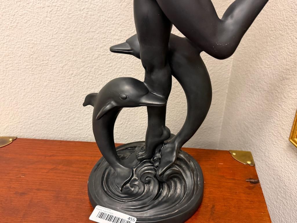 ART DECO STYLED SATIN FINISHED FIGURAL TABLE LAMP WITH DOLPHINS AND NUDE WOMAN HOLDING LIGHT - 5