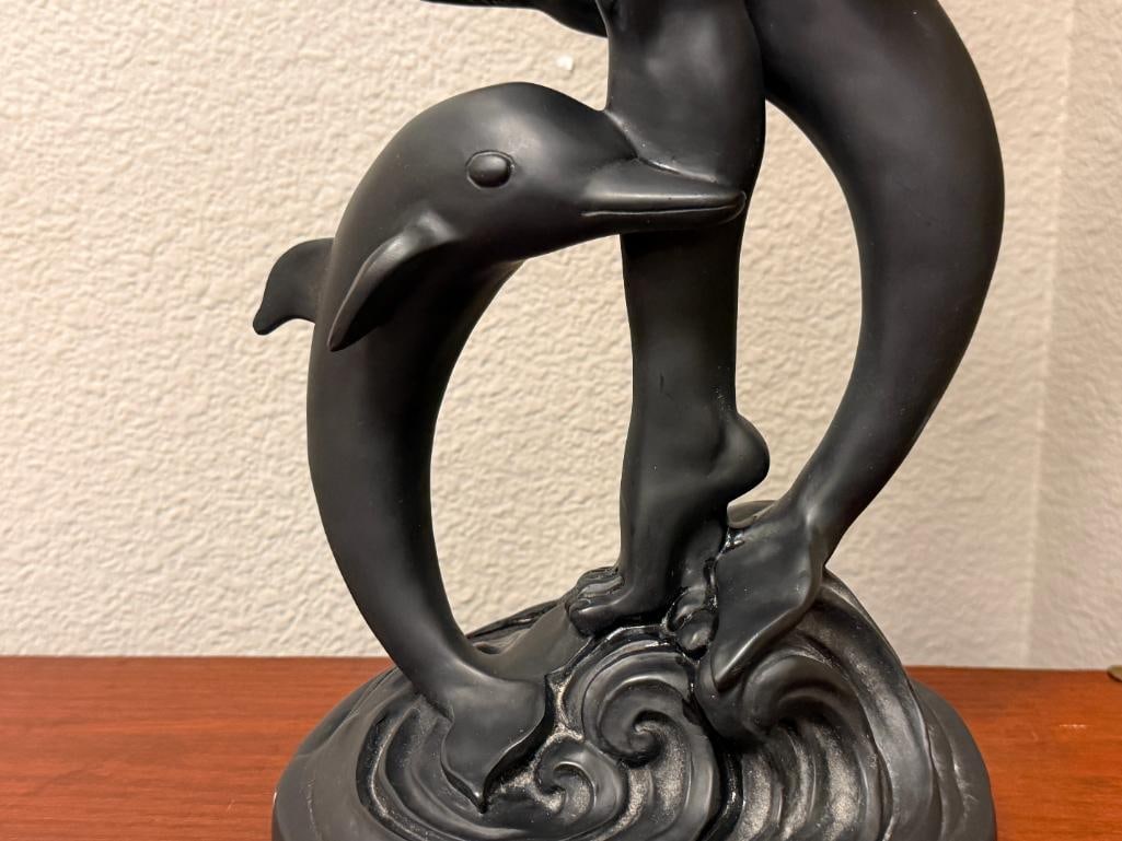 ART DECO STYLED SATIN FINISHED FIGURAL TABLE LAMP WITH DOLPHINS AND NUDE WOMAN HOLDING LIGHT - 6