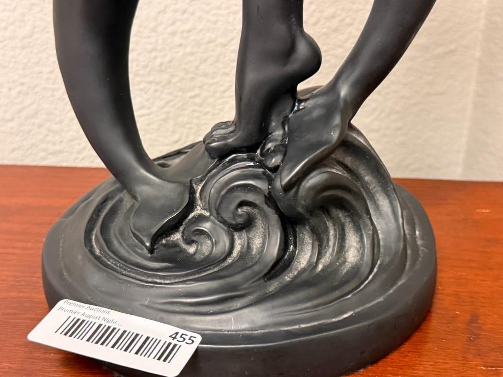 ART DECO STYLED SATIN FINISHED FIGURAL TABLE LAMP WITH DOLPHINS AND NUDE WOMAN HOLDING LIGHT - 7