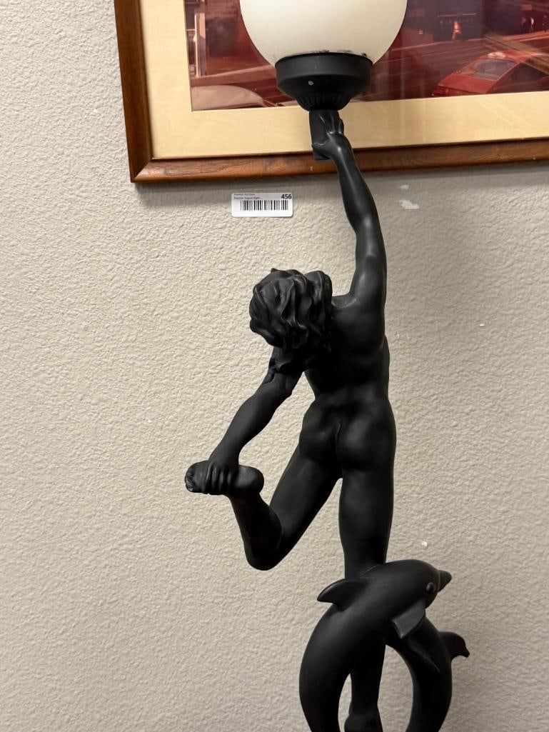 ART DECO STYLED SATIN FINISHED FIGURAL TABLE LAMP WITH DOLPHINS AND NUDE WOMAN HOLDING LIGHT - 9