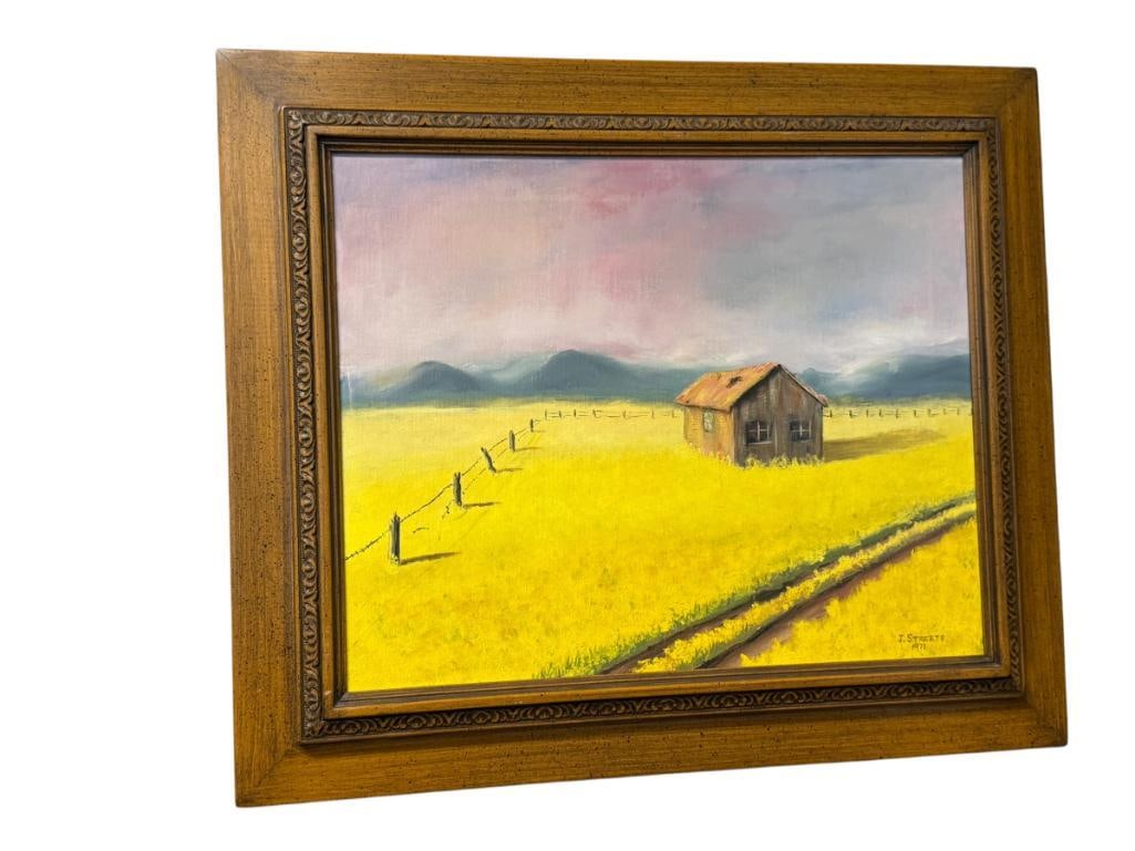 J. STREETS VIBRANT COUNTRY SIDE ORIGINAL OIL ON CANVAS PAINTING DATED 1971: ART DEPICTS LONELY EARLY HOME IN VIBRANT FIELD, SIGNED LOWER RIGHT, FRAMED 26" X 22" FRAME