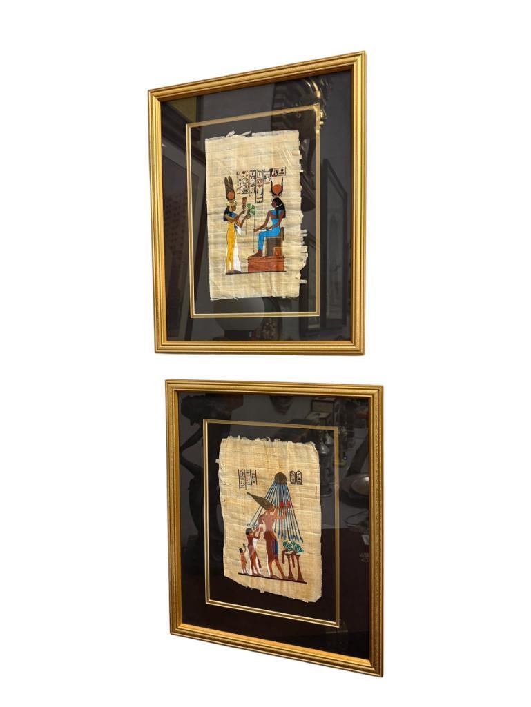 TWO EGYPTIAN ORIGINAL PAINTINGS ON PAYRUS PAPER KING AKHENATEN AND QUEEN NEFERTARI OFFERING FLOWERS (1 of 14)