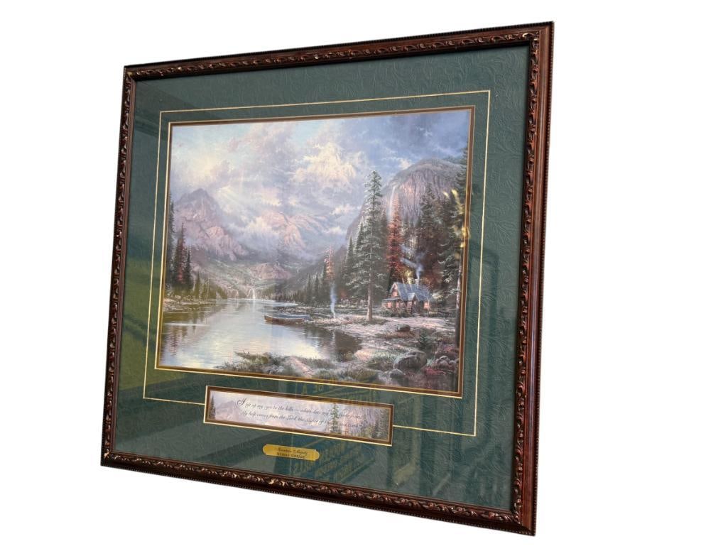 THOMAS KINKADE PAINTER OF LIGHT PRINT TITLED MOUNTAIN MAJESTY: DEPICTS PEACEFUL CABIN IN THE FOREST, PLATE SIGNED LOWER RIGHT, CERTIFICATE ON THE BACK, FRAMED 22 1/2" X 21 1/2" FRAME
