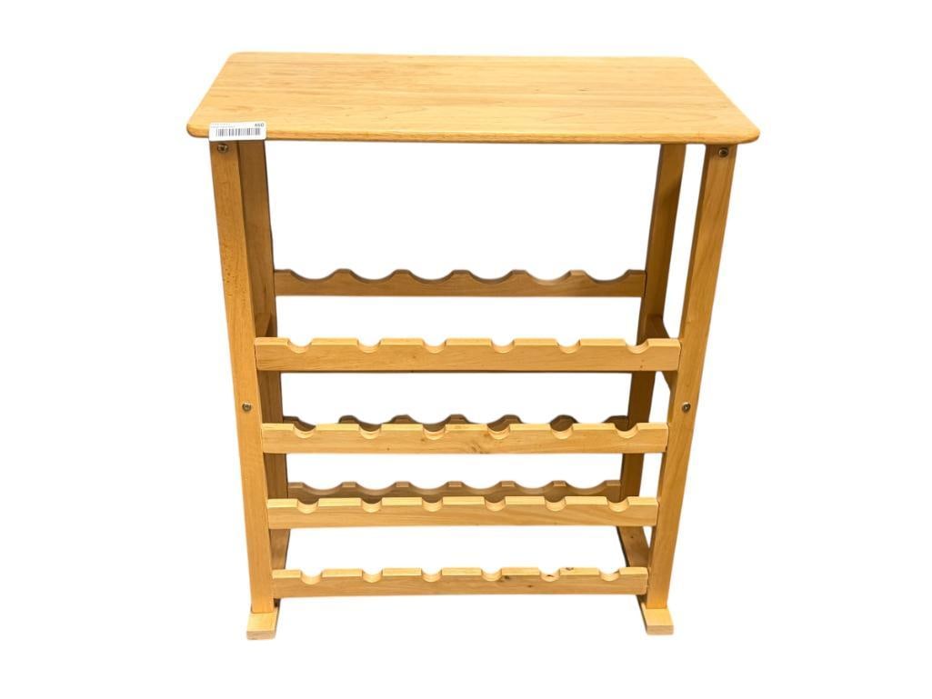 LIGHT FINISH WOODEN KITCHEN TABLE WITH WINE BOTTLE RACKS HOLDS UP TO 24 BOTTLES: 27" X 16" X 33"