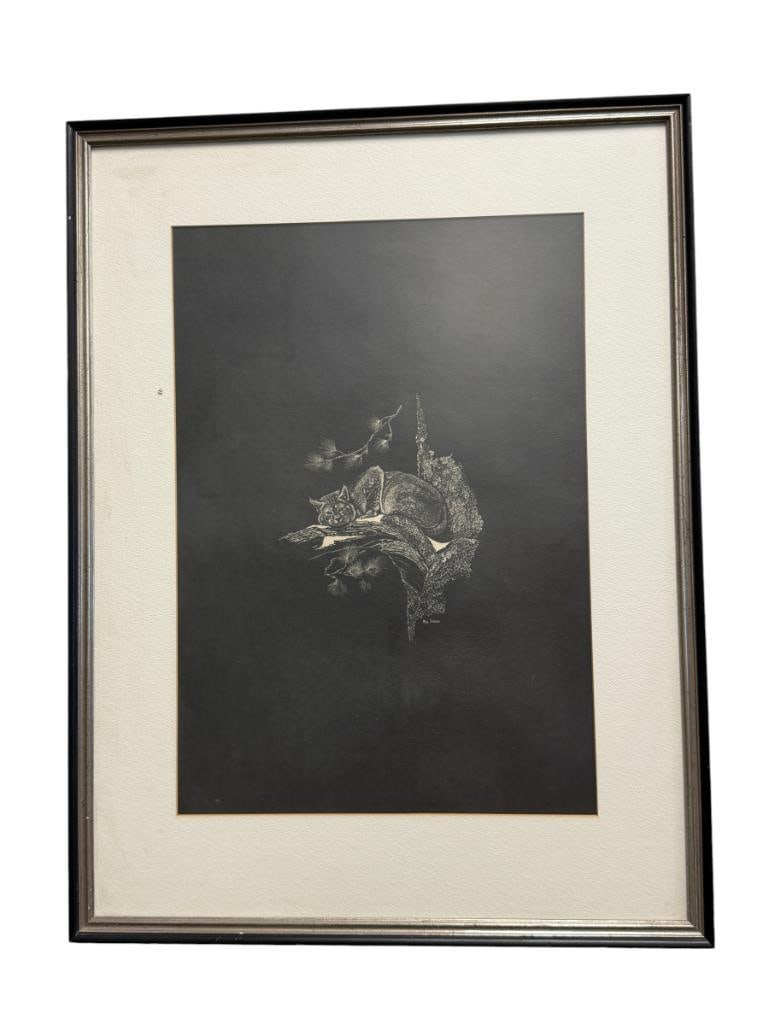 MEL DOBSON SCRATCHBOARD ART OF A BOBCAT IN A TREE SIGNED LOWER RIGHT: 21" X 27 1/2" FRAME