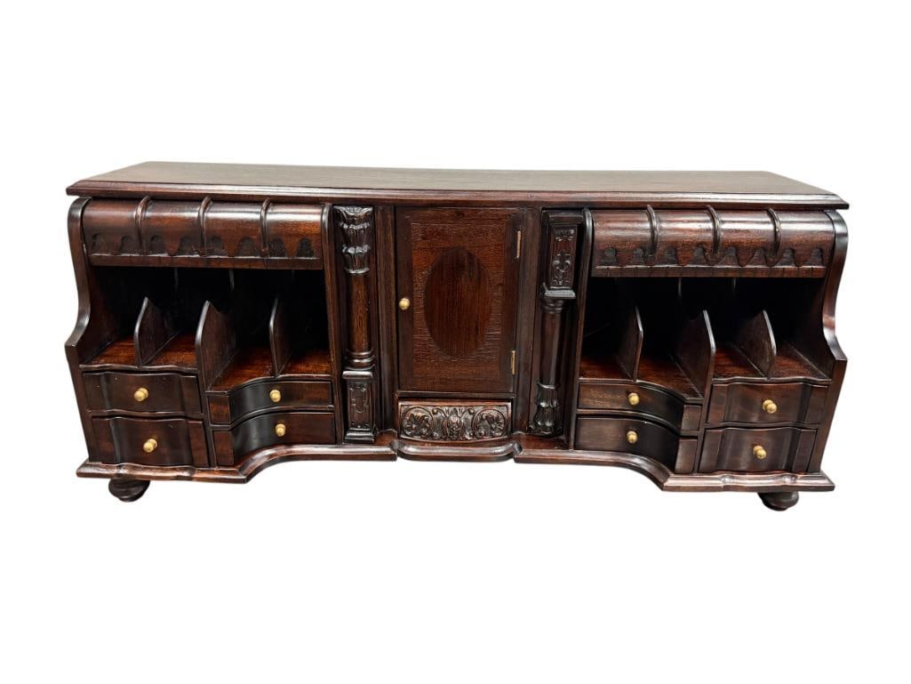 GREGORIAN-STYLE / CHIPPENDALE DESK TOP / SECRETRAY'S ORGANIZER DARK WOOD FINISH: FEATURES SMALL DRAWERS, SLOTS AND COMPARTMENTS 29" X 9 1/2" X 12 1/4"