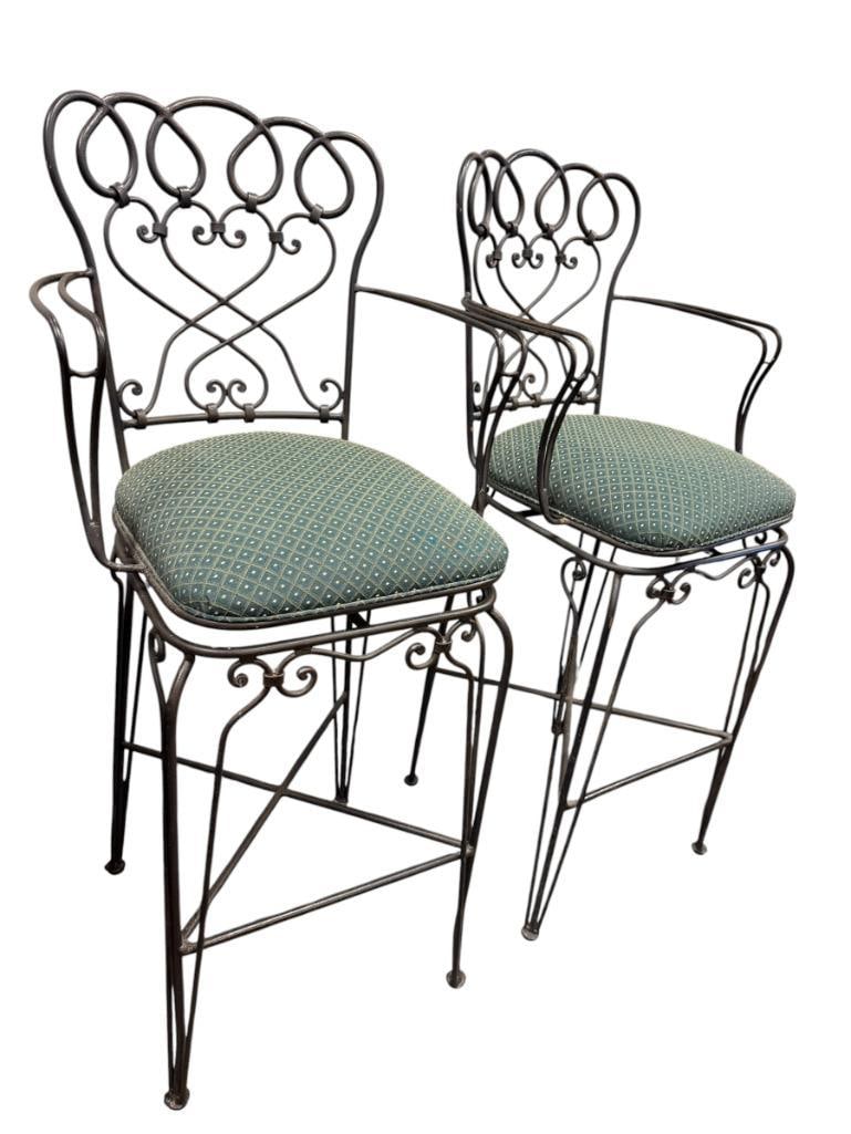 PAIR OF DECORATIVE SCOLL ART STYLE METAL SWIVEL BAR STOOLS WITH PADDED UPHOLSTERED SEATS: SQUARE / DIAMOND PATTERNED UPHOLSTERED SEATS, IN GOOD CONDITION NO STAINS OR HEAVY SIGNS OF USE 32" SEAT HEIGHT