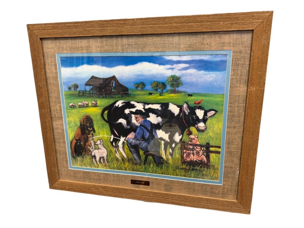 BUDDY EBSEN LIMITED EDITION WHIMSICAL PRINT TITLED CHOW LINE NO. 78/950: ART DEPICTS FARM ANIMALS GATHERED WITH FARMER MILKING A COW, SIGNED LOWER RIGHT, FRAMED 32 1/2" X 26 1/2" FRAME