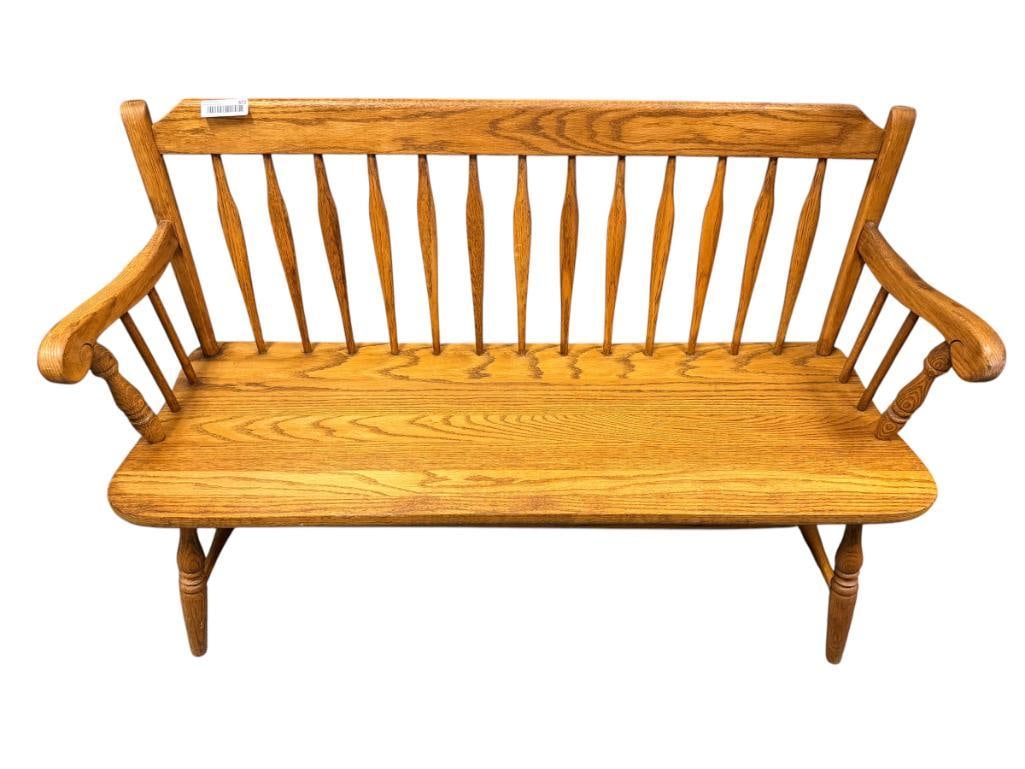 WINDSOR STYLE SOLID OAK LIGHT OAK BENCH WITH CURVED ARMRESTS AND SPINDLE BACK: 47" L