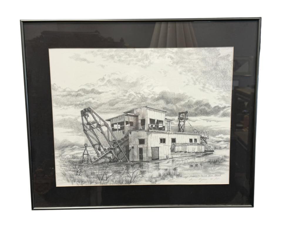 S. NOYES LIMITED EDITION PRINT SWANBERG DREDGE EARLY MINING EQUIPMENT NOME, ALASKA: ART ILLUSTRATES LARGE MINING DREDGE IN ALASKA, NO. 81/250, SIGNED LOWER RIGHT, FRAMED 23 1/2" X 19 1/2" FRAME