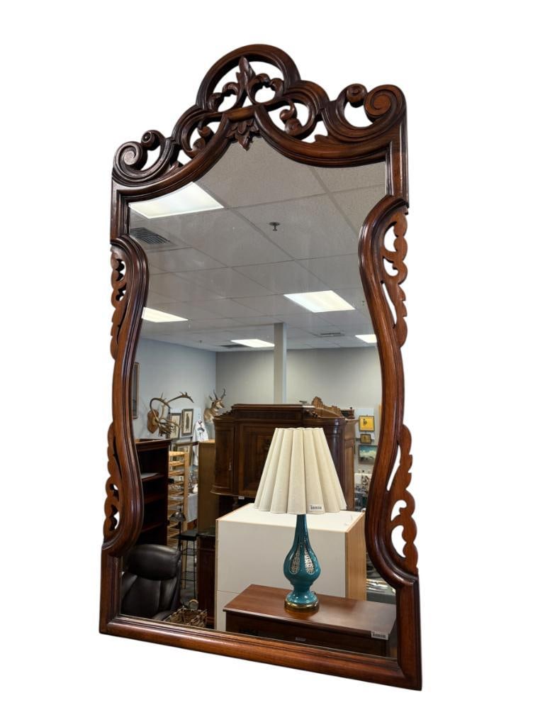 THE ELGIN A SIMONDS CO. FURNITURE EARLY 20TH CENTURY HAND CRAFTED MIRROR FINISHED IN DUCO DUPOINT: ORNATE FRAME WITH DRAMATIC SCROLL WORK, FINISHED, ORIGINAL LABEL ON THE BACK, MADE IN SYRACUSE, NEW YORK 23" X 43" FRAME