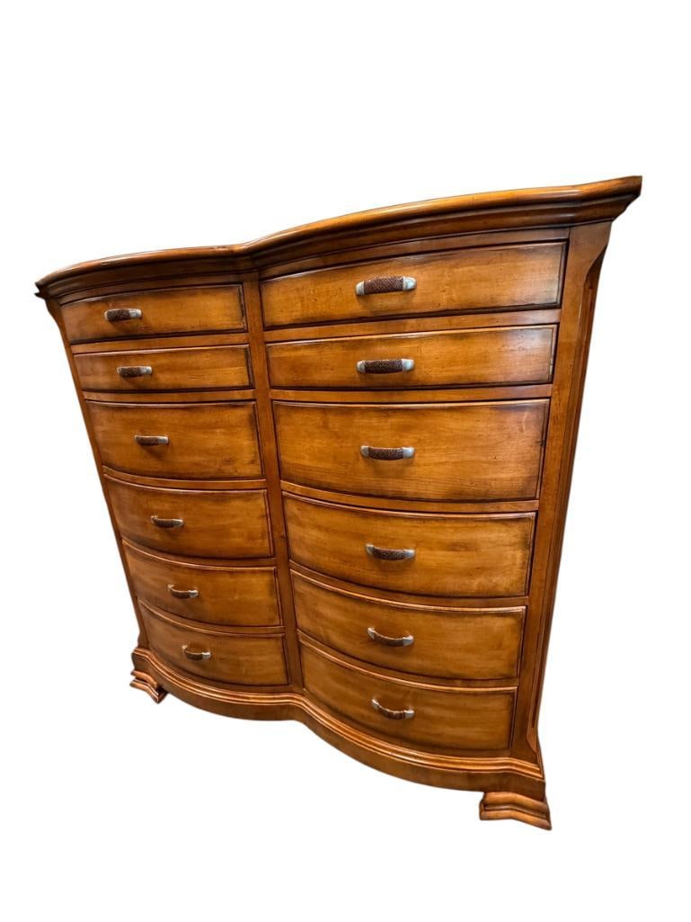 CENTURY FURNITURE DESTINATIONS SIDE BY SIDE CHEST OF DRAWERS WITH LEATHER WRAPPED HANDLES: 12-DRAWER CHEST WITH SILVER AND LEATHER HANDLES, DOVETAIL CONSTRUCTED DRAWERS, LITTLE TO NO WEAR, HEAVY, PLEASE BRING HELP 60" X 19" X 61"