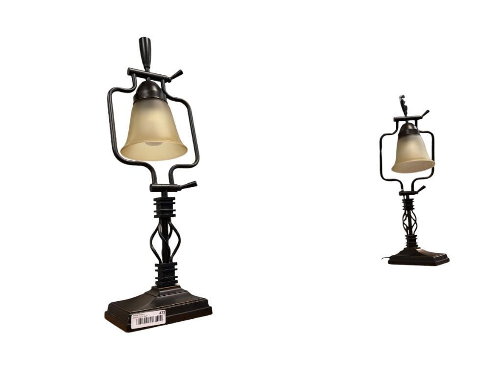 PAIR OF CONTEMPORARY OIL RUBBED BRONZE TABLE LAMPS WITH FROSTED AMBER SHADES: TESTED + 25 1/2" H