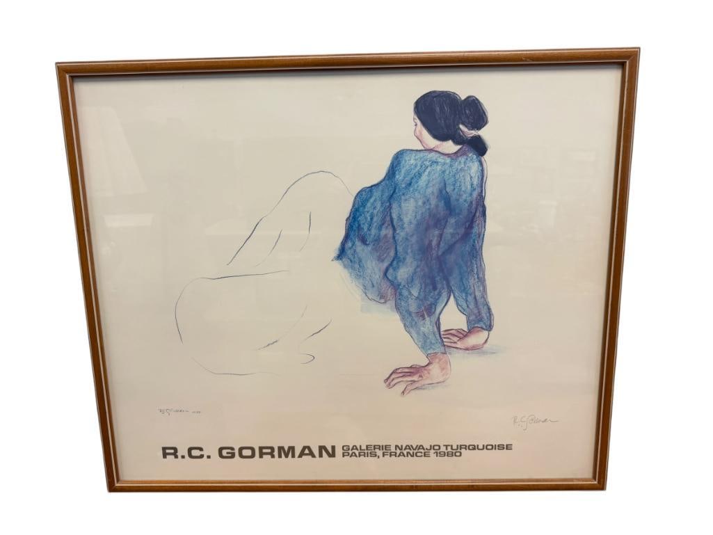 1980 GALERIE NAVAJO TURQUOISE PARIS, FRANCE POSTER BY NAVAJO NATIONS ARTIST R.C. GORMAN: SIGNED LOWER RIGHT, PLATE SIGNED LOWER LEFT, FRAMED 29" X 24" FRAME