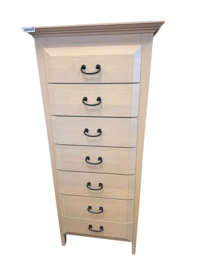 SHERMAG TUSCANY DESIGN BY MASCHERONI SEVEN-DRAWER LINGERIE CHEST MADE IN CANADA: SPECKLED BEIGE FINISH WITH BRONZE TONED HANDLES 27 1/2" X 21 1/2" X 58 1/2" 