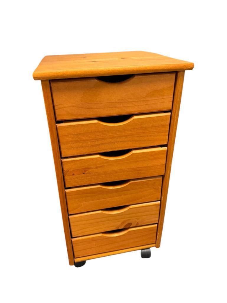 SIX-DRAWER PINE ROLLING STORAGE CABINET: LIKE-NEW 13 1/2" X 15" X 25"