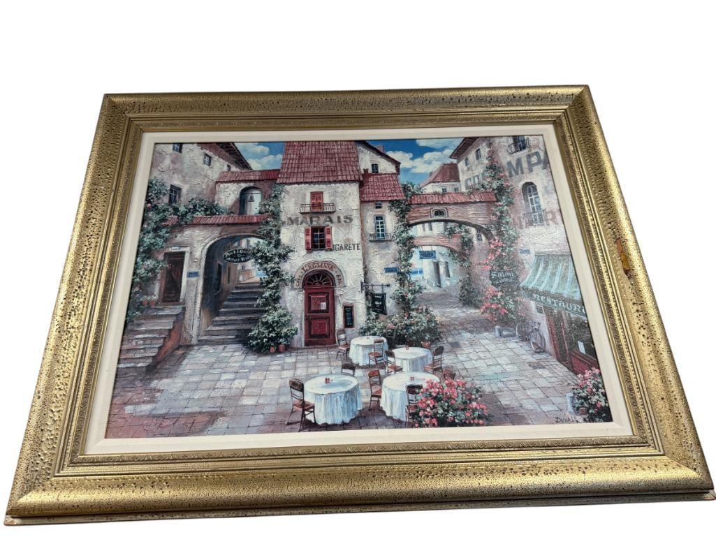 ROGER DUVALL PRINT ON CANVAS TITLED LE MARAIS OUTDOOR PARISIAN COURTYARD CAFE: 41" X 33" FRAME