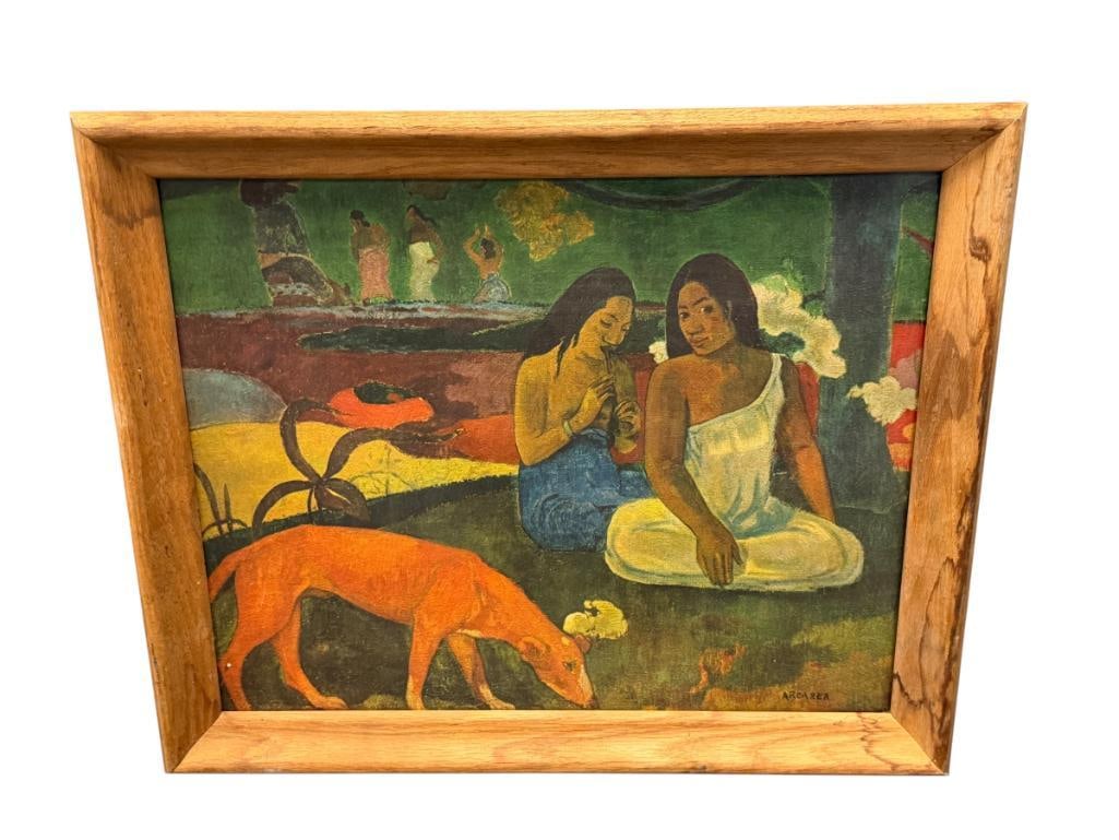 PAUL GAUGIN FRENCH POST-IMPRESSIONIST ARTIST REPRODUCTION PRINT ON BOARD TITLED AREAREA: ART DEPICTS STYLIZED DEPICTION OF TAHITIAN LIFE OF TWO WOMAN SEATED AND DANCERS IN THE BACKGROUND, FRAMED 