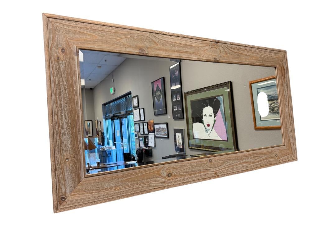 LARGE WHITE WASHED WESTERN STYLED BEVELED MIRROR: KNOTTY PINE GRAIN 69" X 35" FRAME