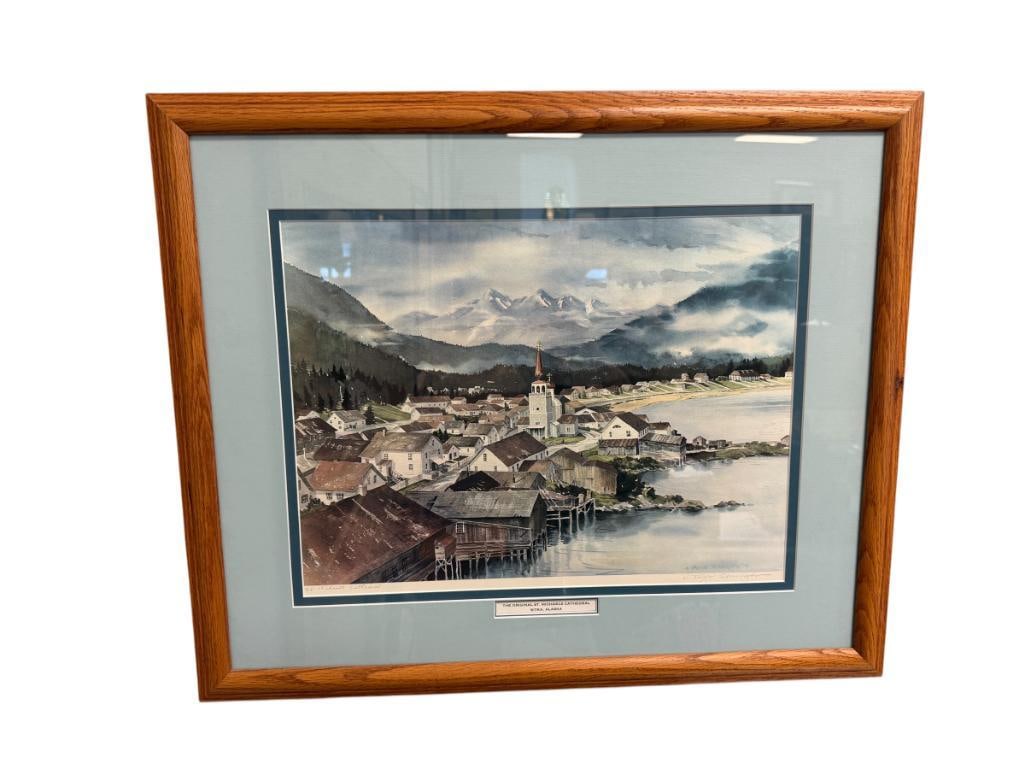 NANCY TAYLOR STONINGTON AMERICAN ARTIST PRINT TITLED THE ORIGINAL ST. MICHAEL'S CATHEDRAL: SIGNED LOWER RIGHT, FRAMED 26" X 22" FRAME