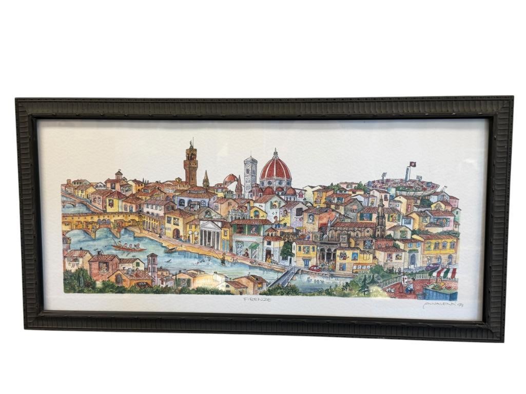 ALVALENN PANORAMIC WHIMSICAL CITYSCAPE OF FLORENCE, ITALY TITLED FIRENZE: ILLUSTRATED CITY OF FLORENCE WITH LANDMARKS SUCH AS THE ARNO RIVER, SIGNED LOWER RIGHT, FRAMED 24 1/2" X 12" FRAME